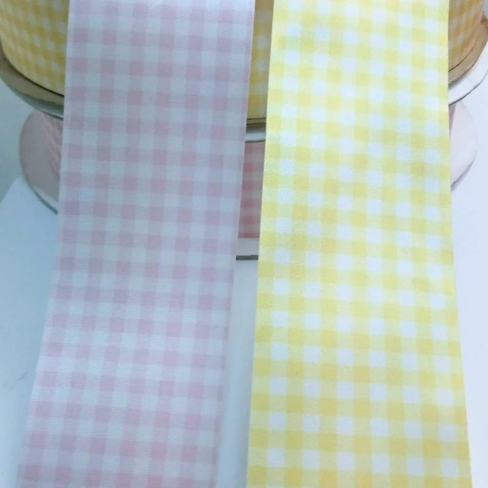 Yellow and Pink Gingham Fabric Satin Ribbon 6 Yards total Easter Crafts